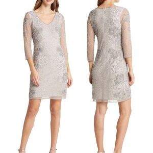 New PISARRO NIGHTS Beaded V-neck Cocktail Dress Silver Size 16